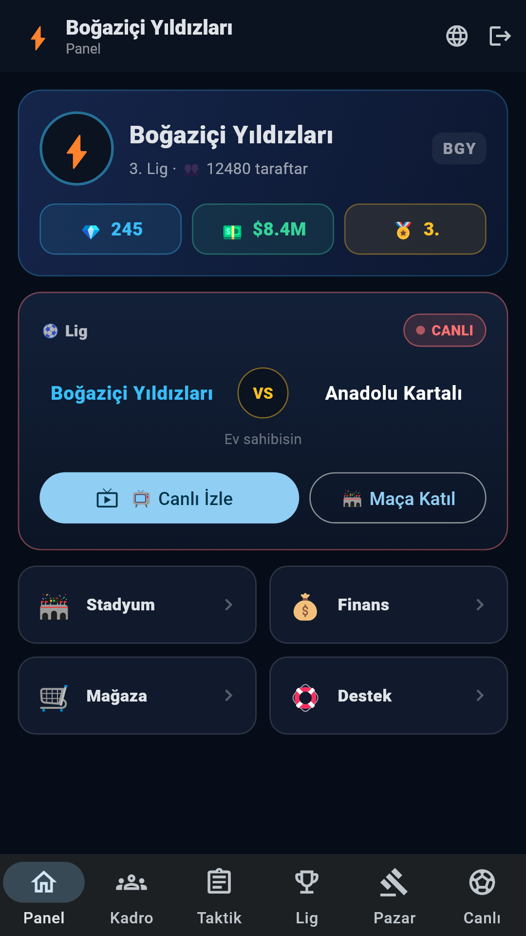 PRO EV 7 kulüp paneli ekranı